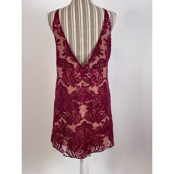 Free People Night Shimmer Raspeberry Sequined V Neck Mini Dress Size 8 - Picture 4 of 9